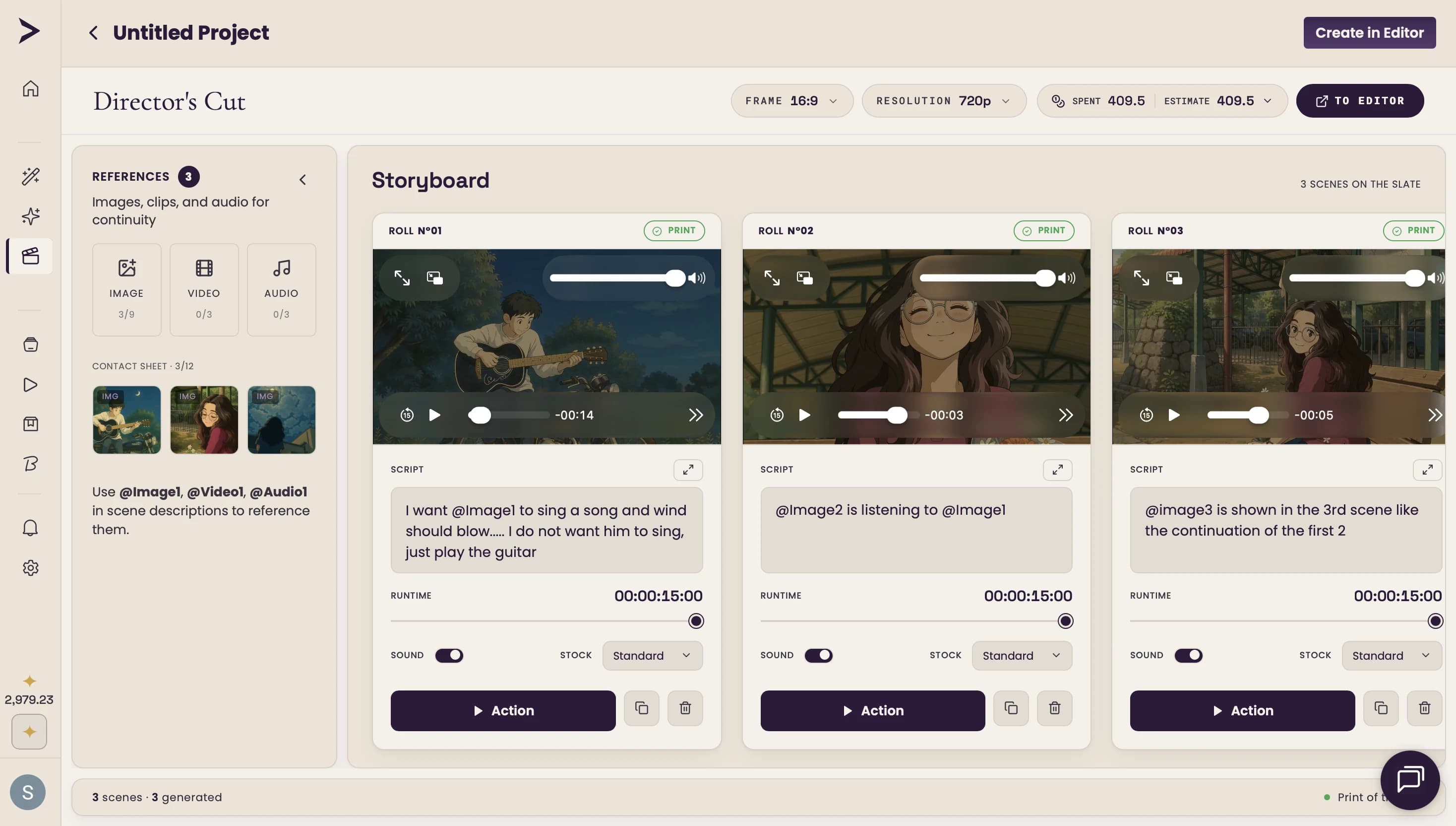 Ekly Director Mode storyboard with scene cards and per-scene generate controls