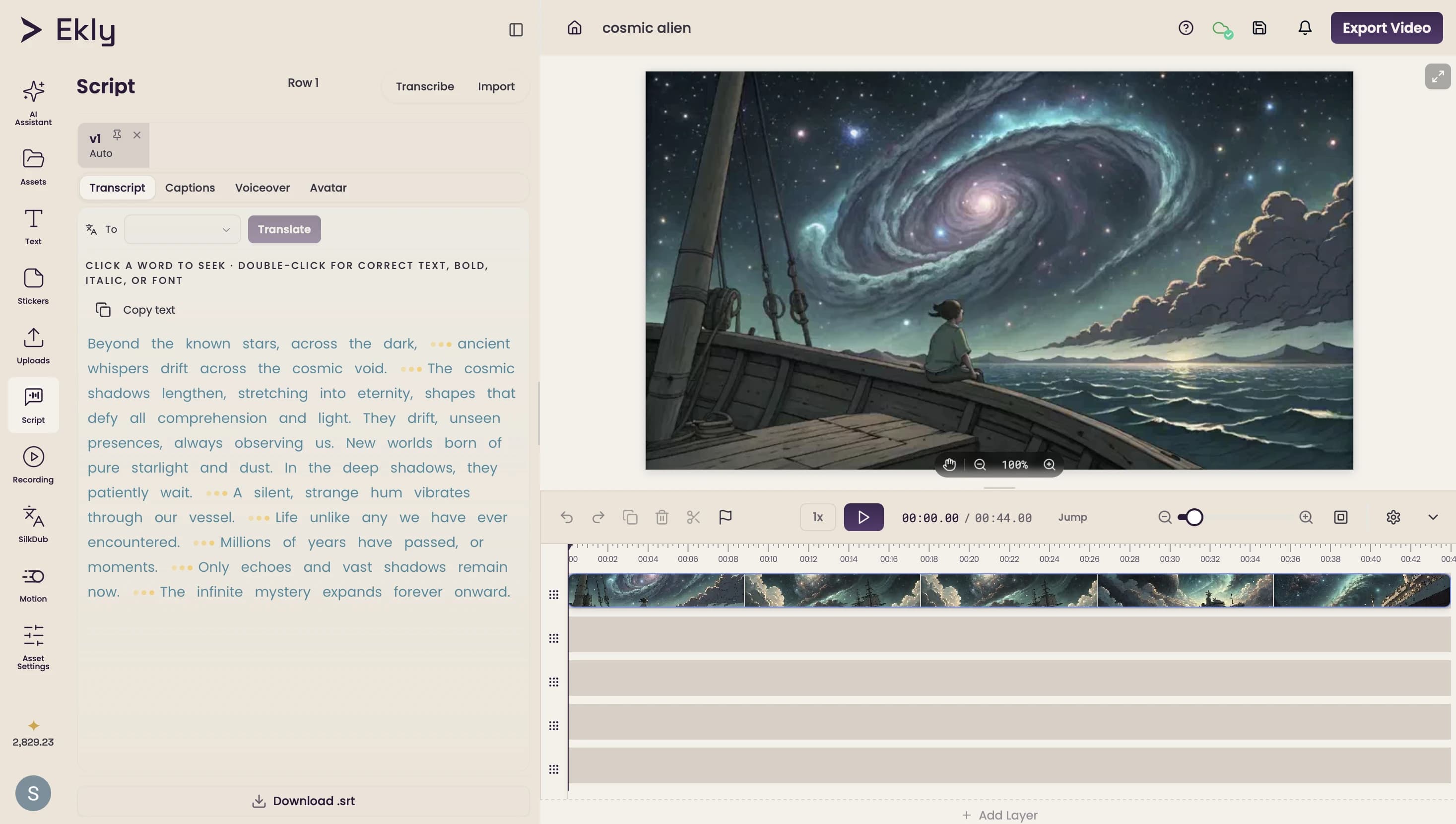 Word-level auto-generated transcript in the Ekly editor