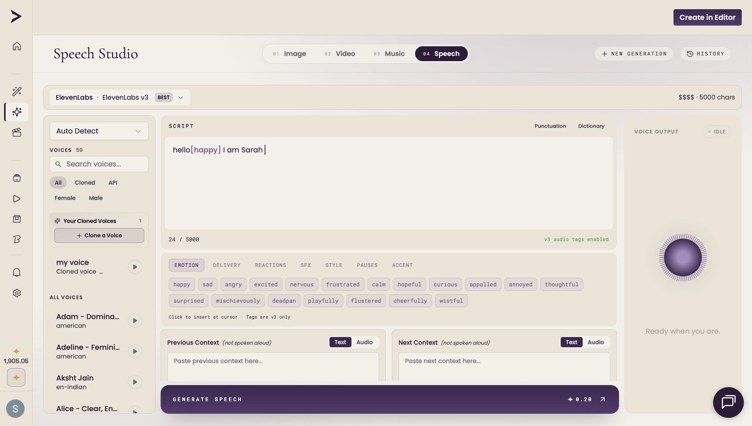 Ekly voice cloning — short sample becomes a reusable cloned voice for avatar scripts