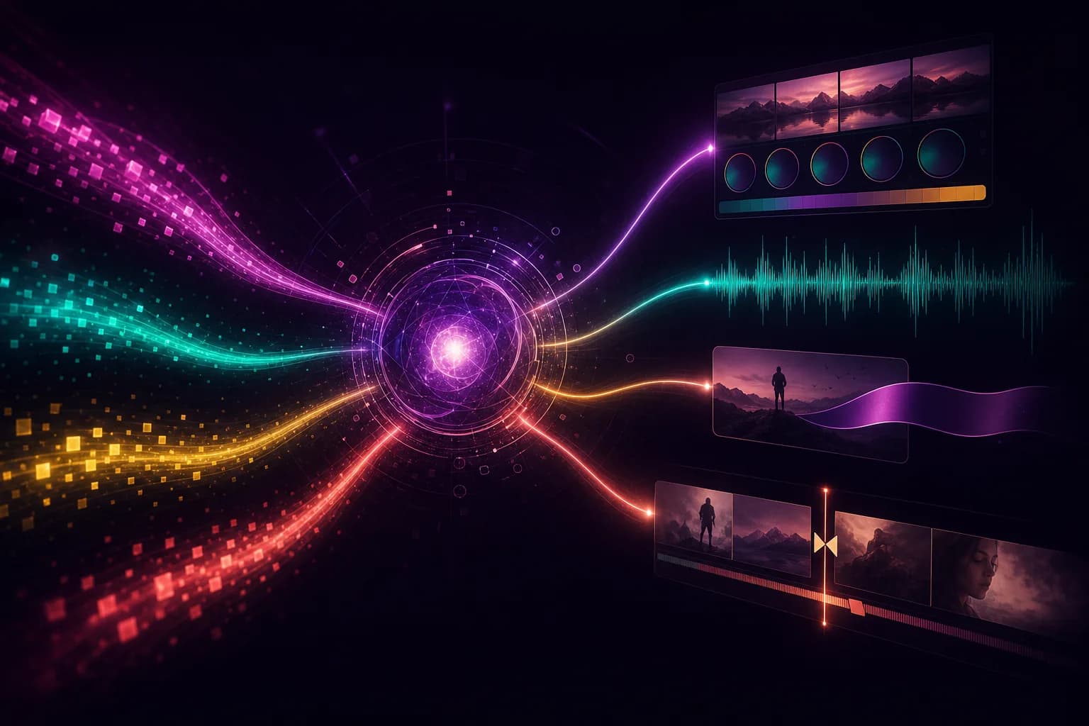 A single glowing core orchestrating streams of colour into a colour grade, a sound wave, a caption, and a cut.