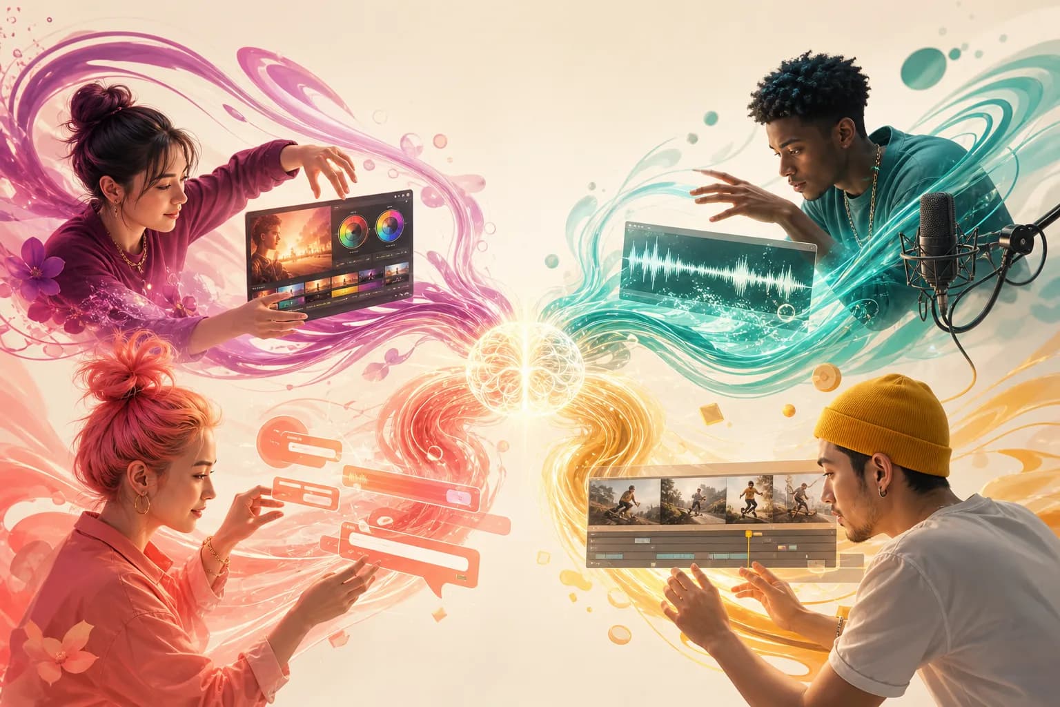 A single glowing core orchestrating streams of colour into a colour grade, a sound wave, a caption, and a cut.