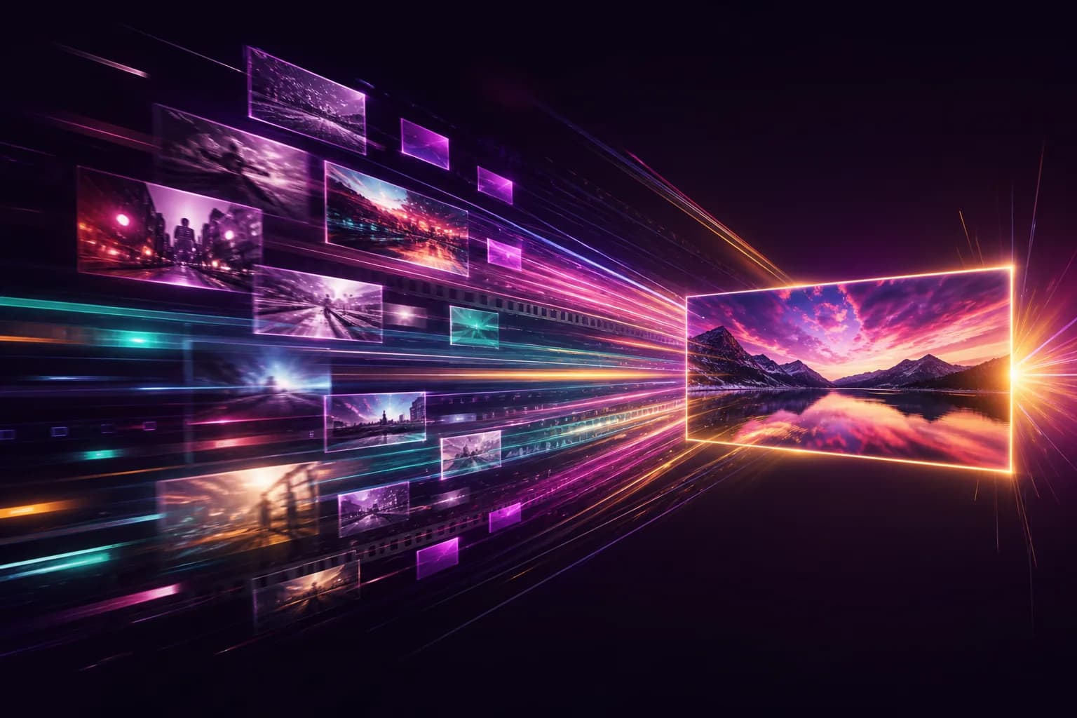 Raw clips converging into one crisp finished frame in a blink, streaks of light in rich colour.