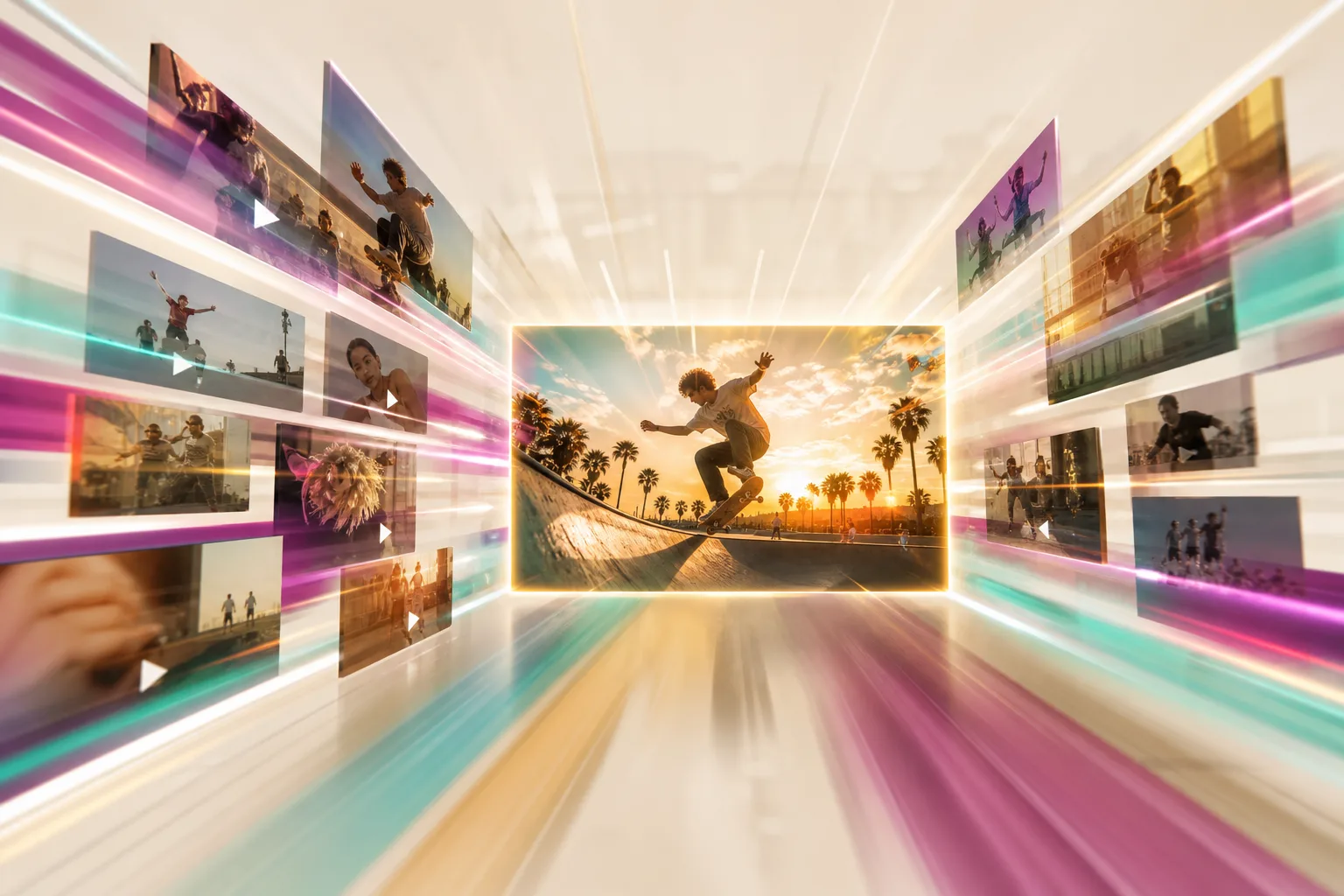 Raw clips converging into one crisp finished frame in a blink, streaks of light in rich colour.