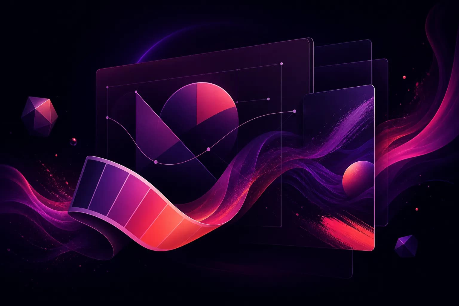 Design elements — shapes, layers, and curves — lifting off a canvas into motion, saturated and artful.
