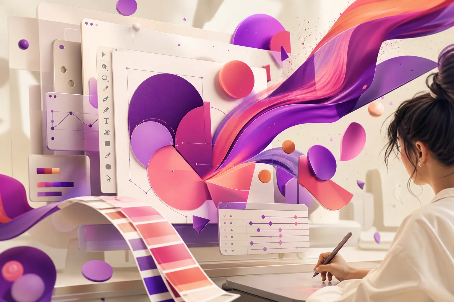 Design elements — shapes, layers, and curves — lifting off a canvas into motion, saturated and artful.