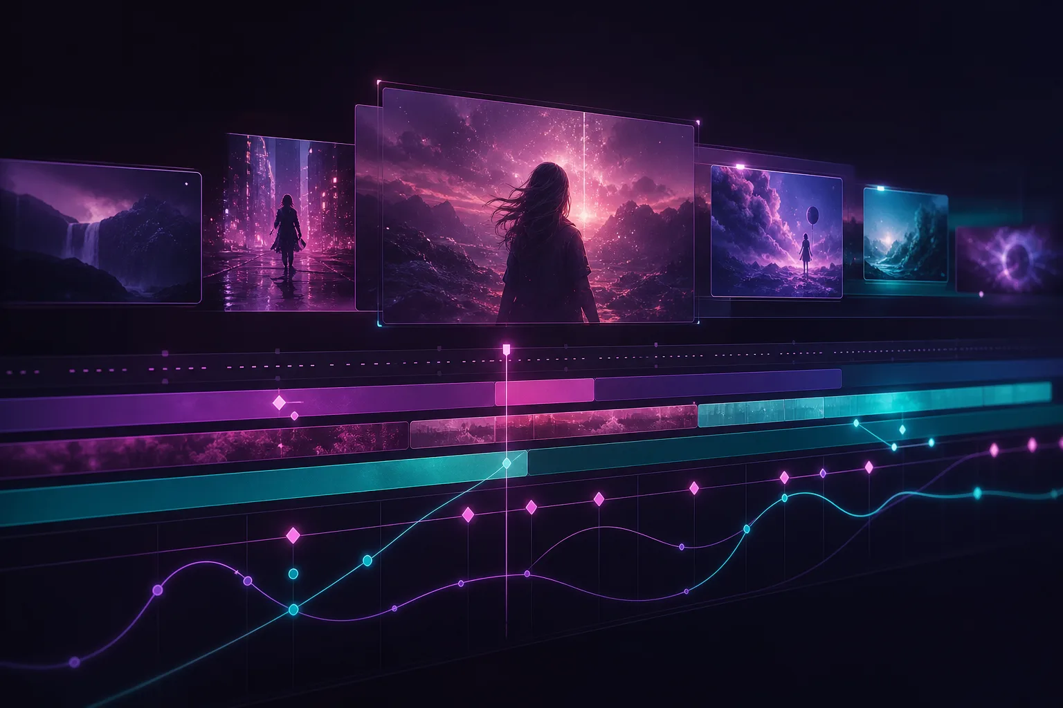 A luminous multi-track timeline with glowing clips and keyframe curves arcing across it, in rich colour.