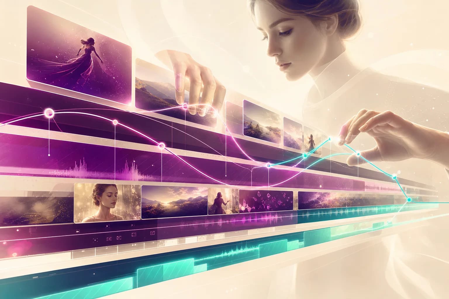 A luminous multi-track timeline with glowing clips and keyframe curves arcing across it, in rich colour.