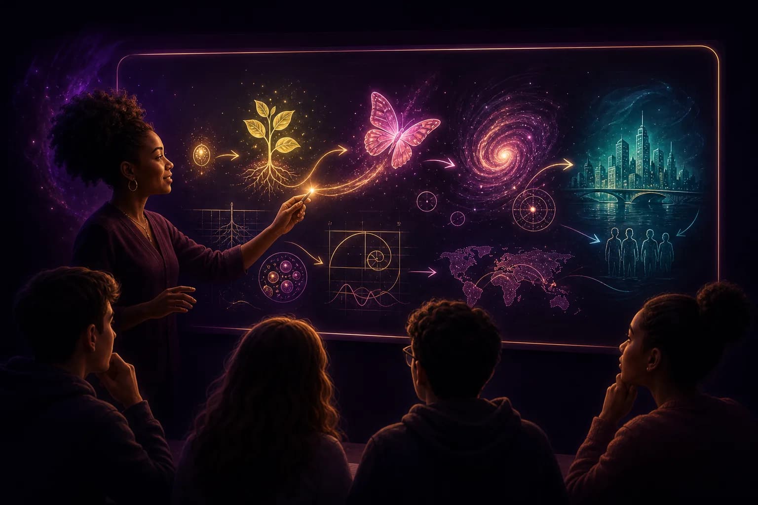 A lesson coming to life as a glowing visual explainer, diagrams and illustrations lighting up in rich colour.