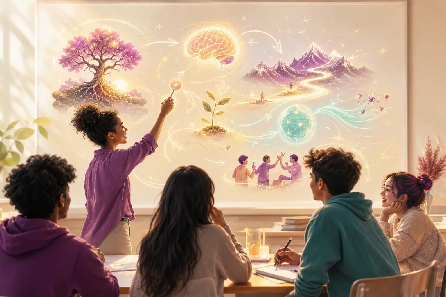 A lesson coming to life as a glowing visual explainer, diagrams and illustrations lighting up in rich colour.