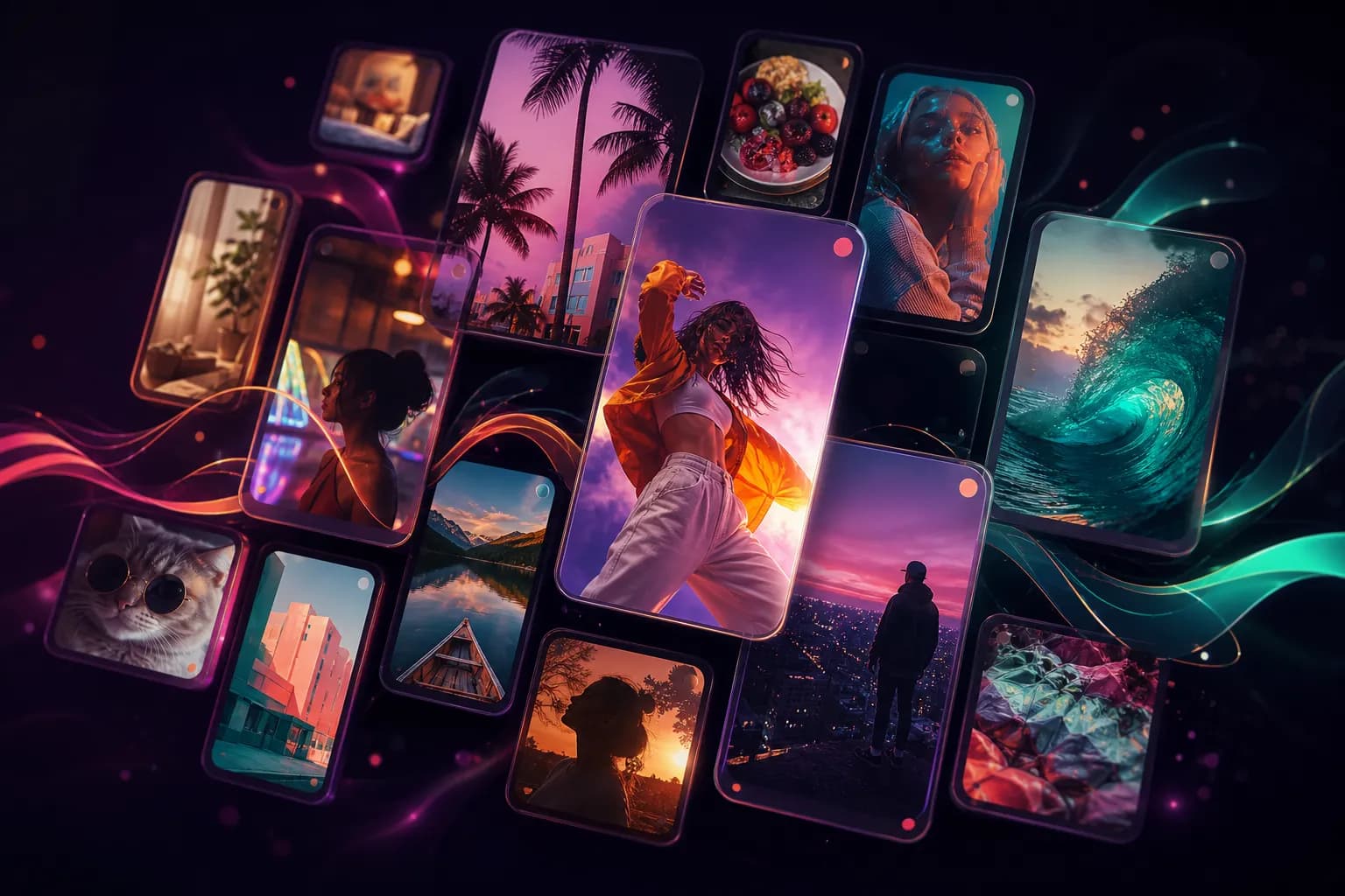 Polished, colourful Instagram-style video composing itself — glowing frames blooming with vibrant imagery.
