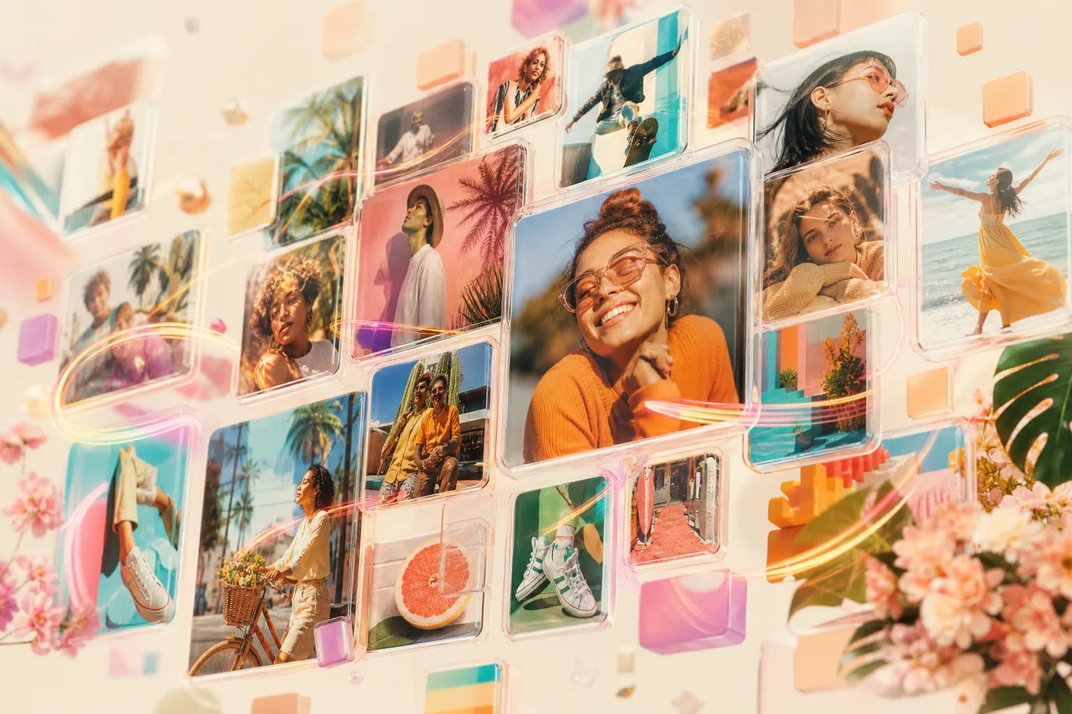 Polished, colourful Instagram-style video composing itself — glowing frames blooming with vibrant imagery.