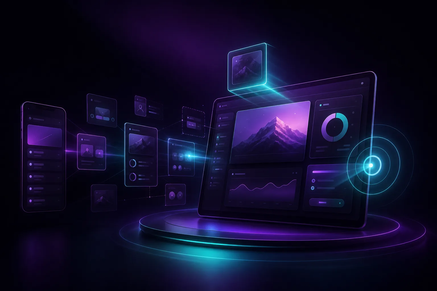 A sleek product screen assembling into a crisp demo, spotlit with rings of light in rich colour.
