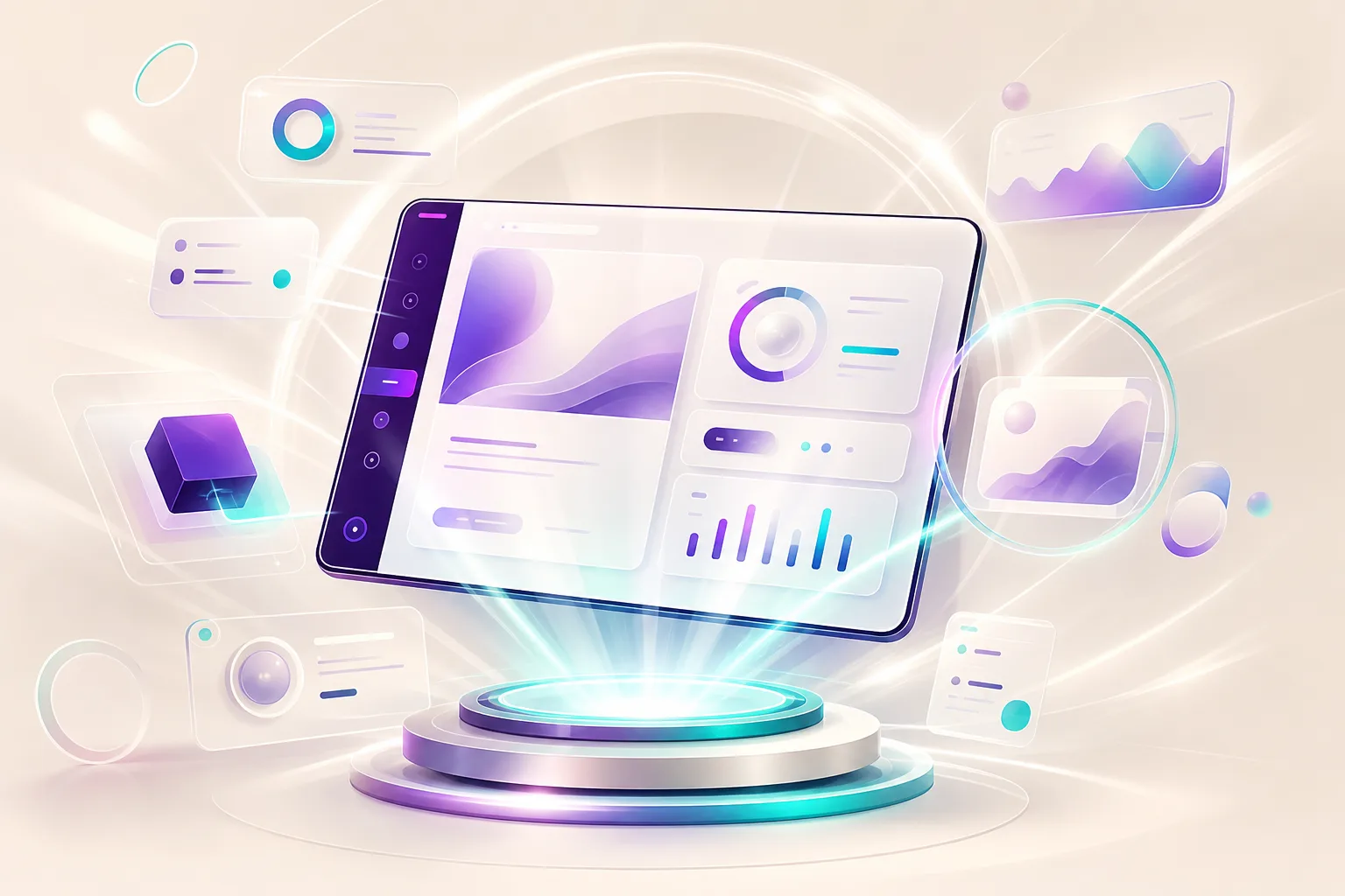 A sleek product screen assembling into a crisp demo, spotlit with rings of light in rich colour.