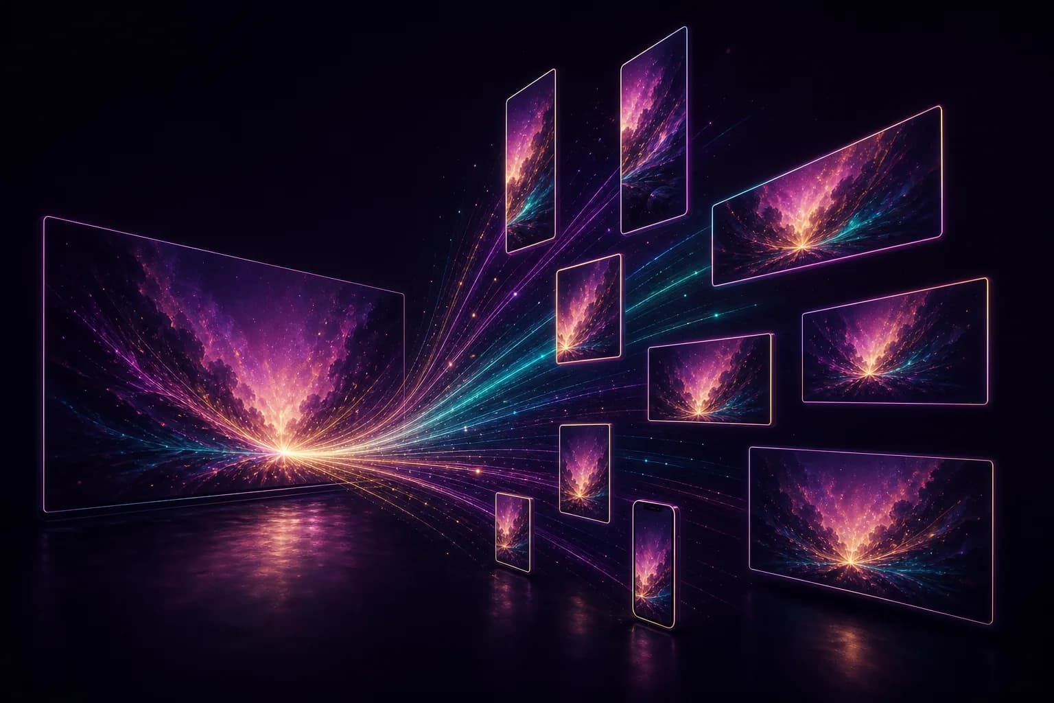One frame multiplying into a radiating fan of glowing frames in vertical, square, and widescreen formats, in rich colour.