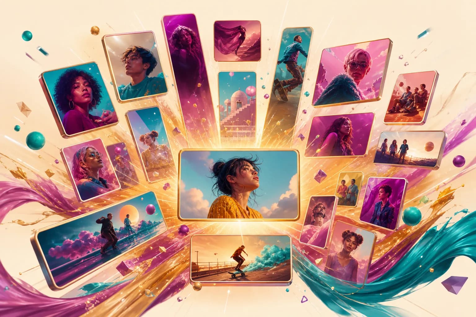 One frame multiplying into a radiating fan of glowing frames in vertical, square, and widescreen formats, in rich colour.