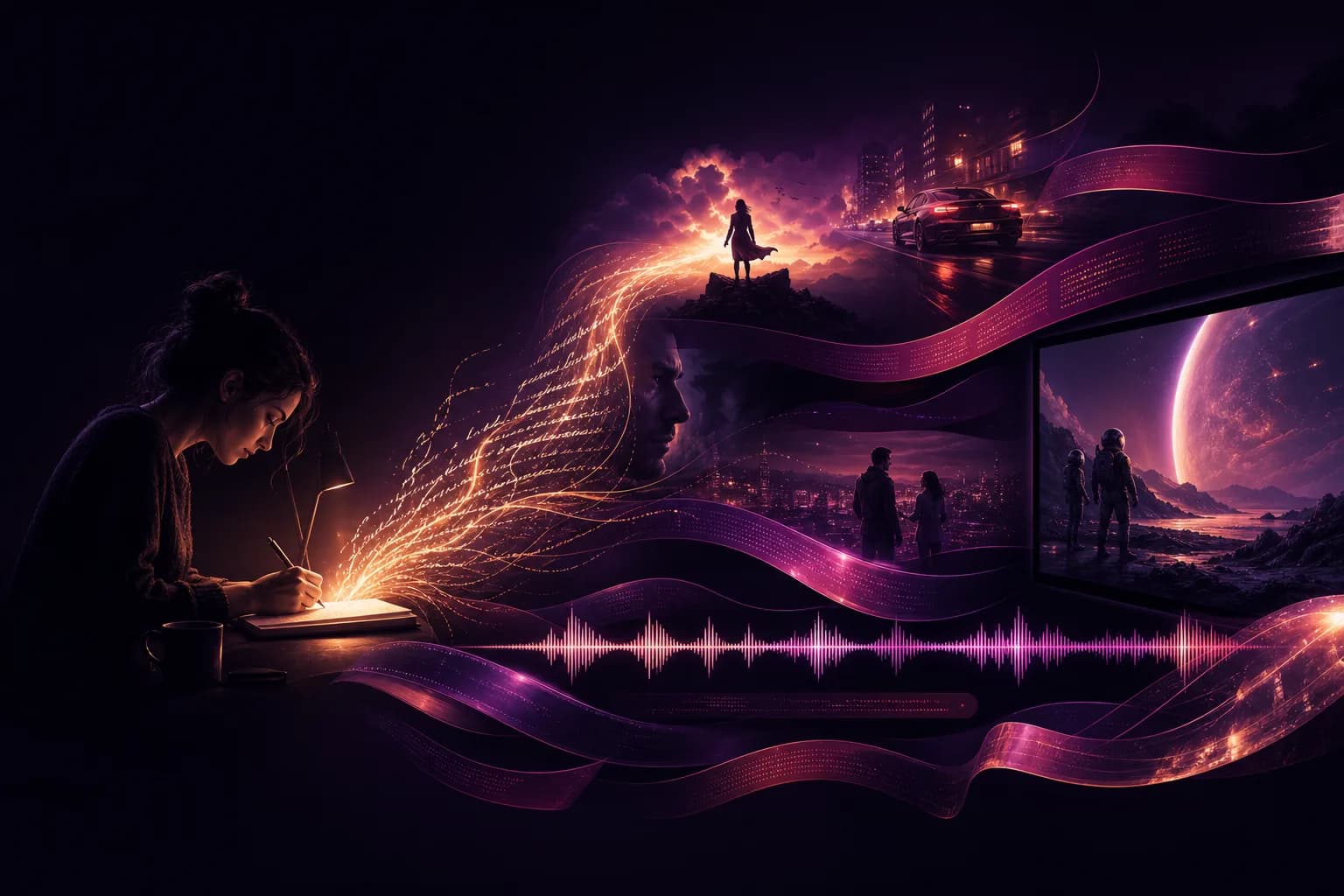 A line of written text blossoming into vivid scenes with a voiceover waveform and caption ribbons, in rich colour.