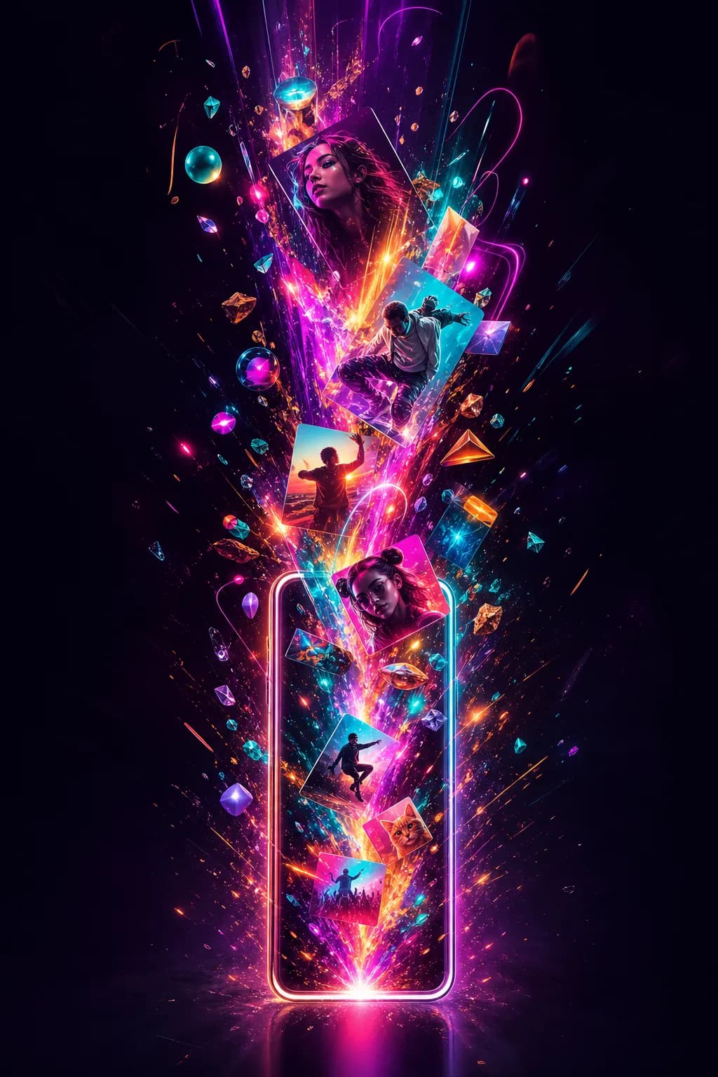 Energetic vertical burst of TikTok-style creation — fast, colourful motion and a glowing play form.