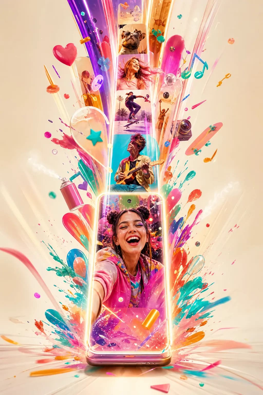 Energetic vertical burst of TikTok-style creation — fast, colourful motion and a glowing play form.