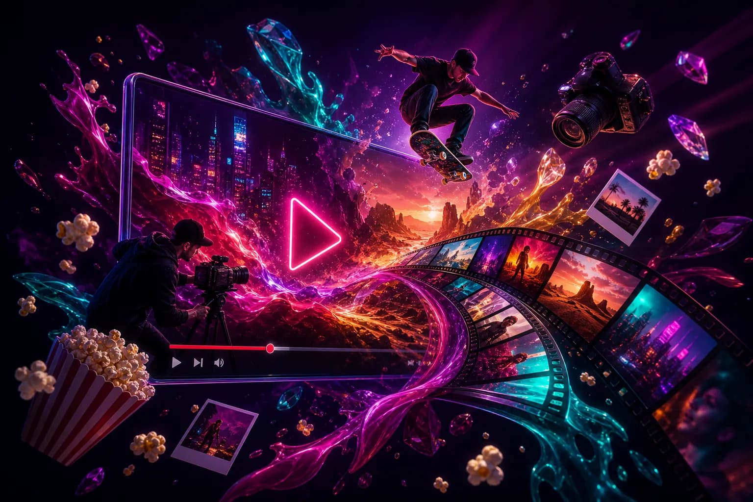 Vibrant montage of YouTube video creation — a glowing widescreen player, filmstrip of scenes, and a creator filming, in rich colour.