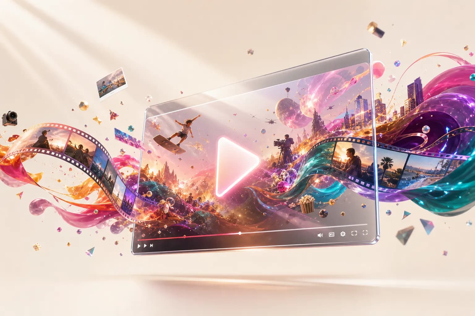 Vibrant montage of YouTube video creation — a glowing widescreen player, filmstrip of scenes, and a creator filming, in rich colour.