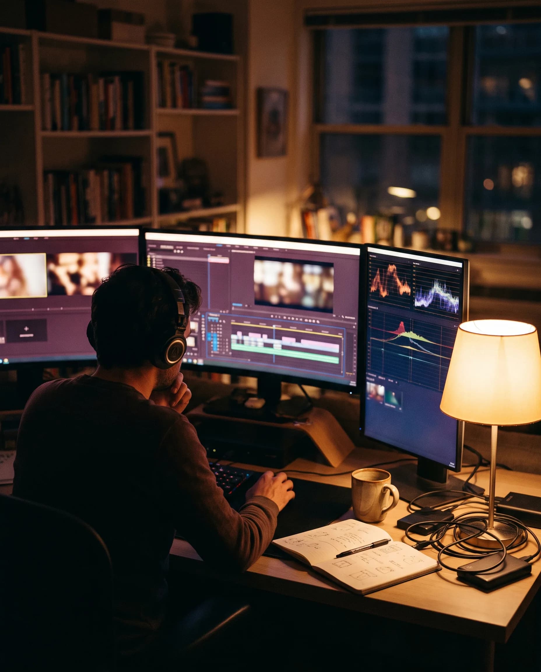A partner shipping their product late at night, editing timelines glowing on screen