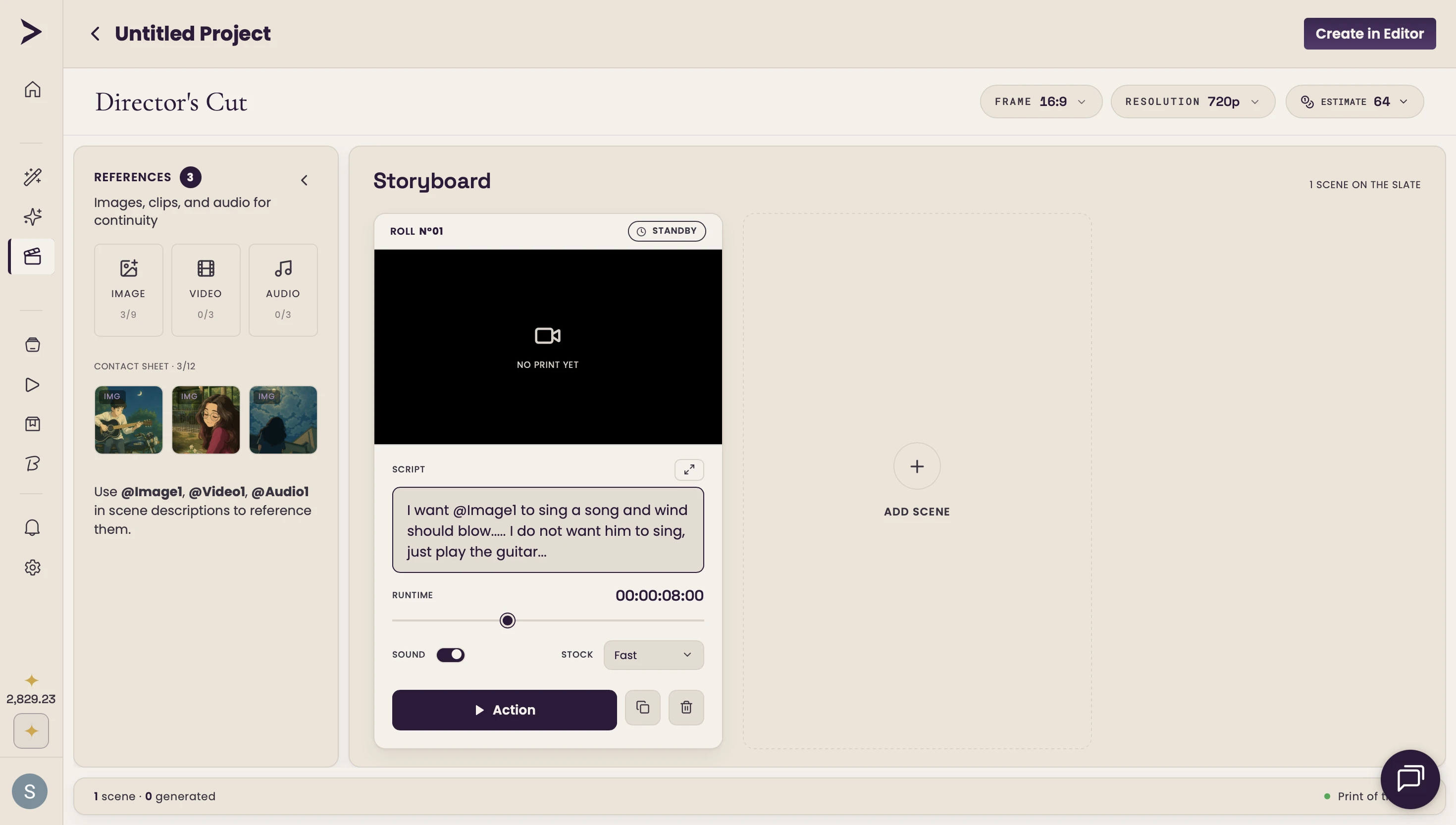 A Director Mode scene card — writing the shot description with @Image, @Video, @Audio references
