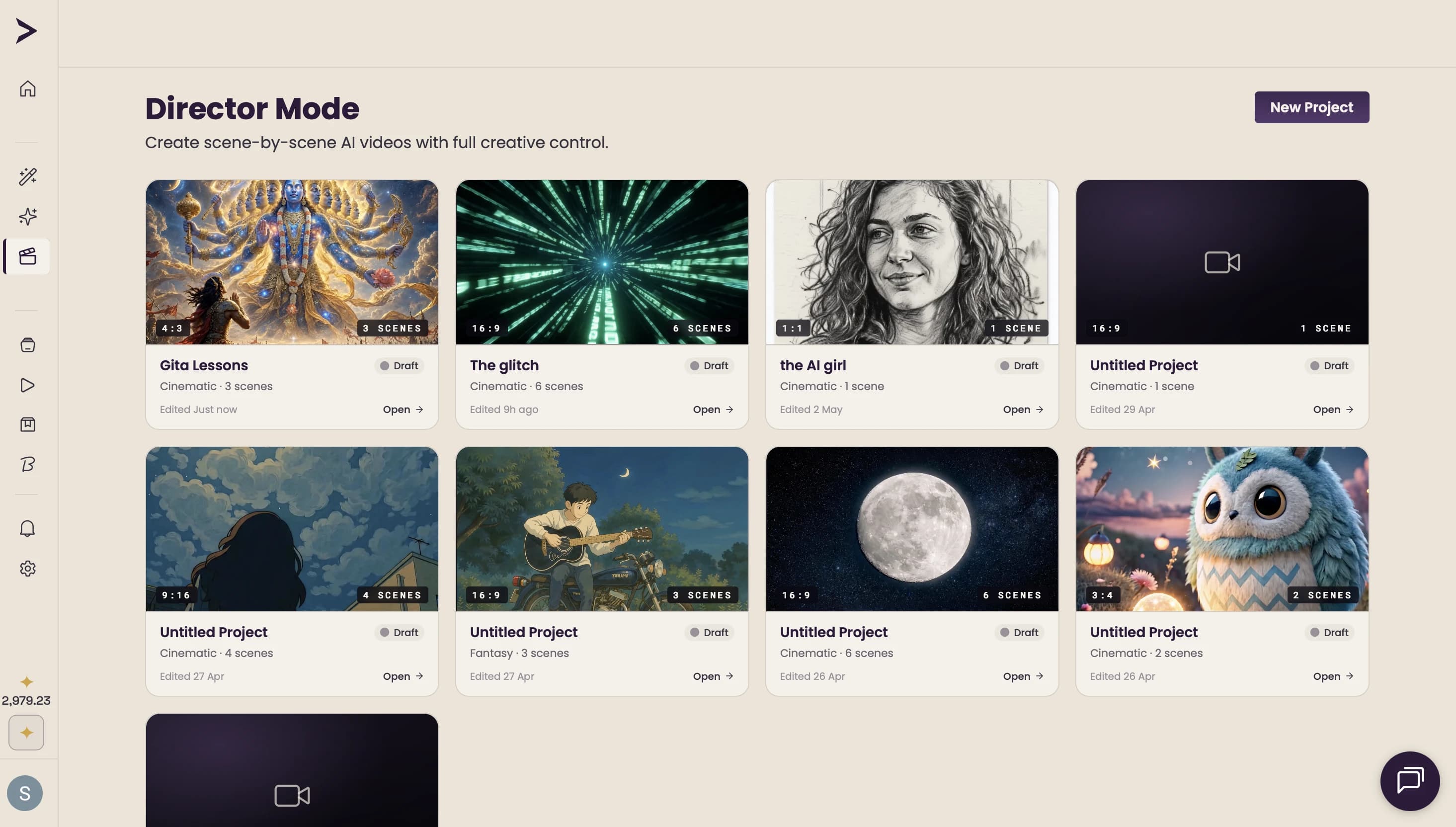 The Director Mode project list — scene-by-scene AI video projects