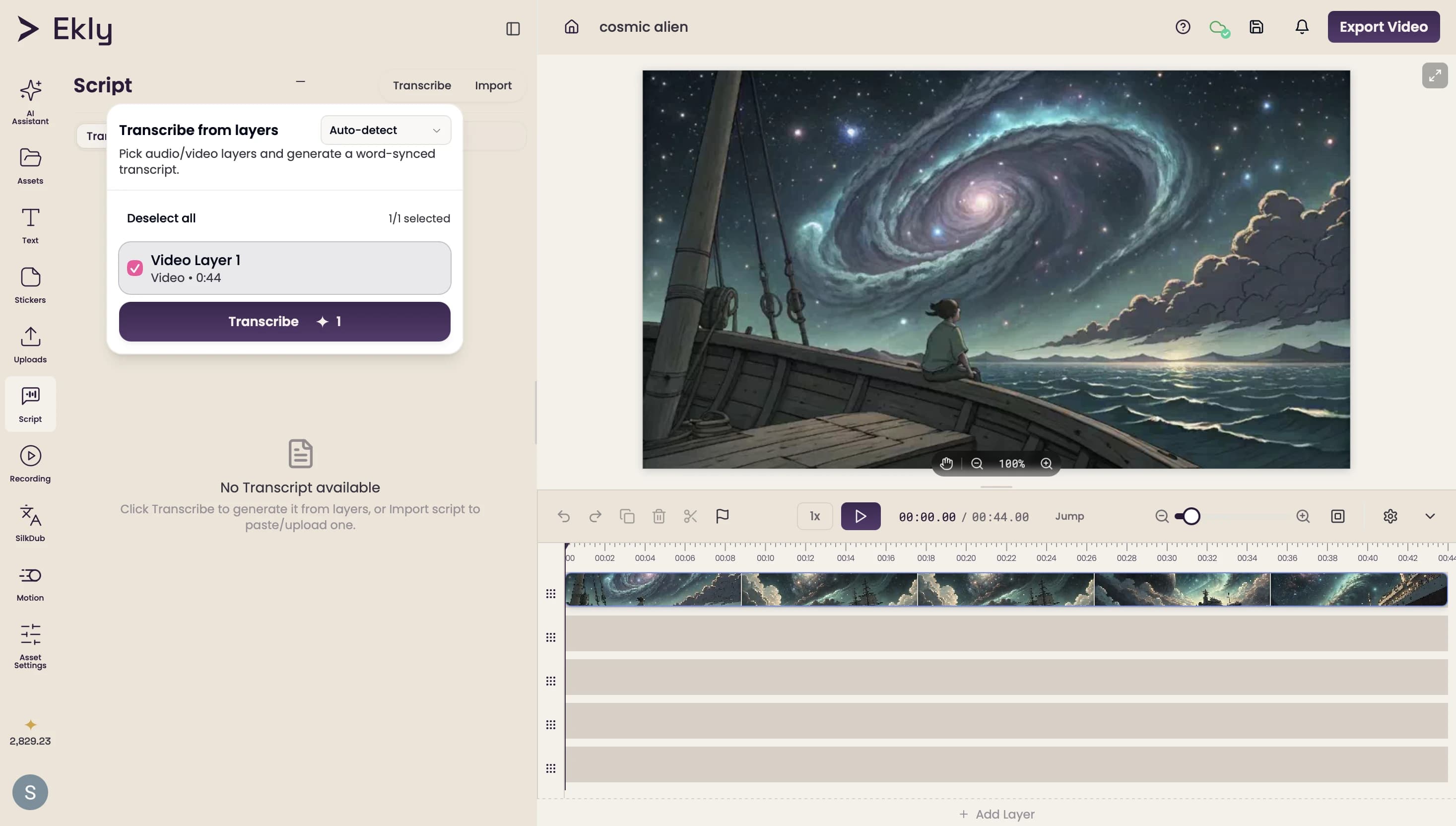 Transcription running in seconds in the Ekly editor