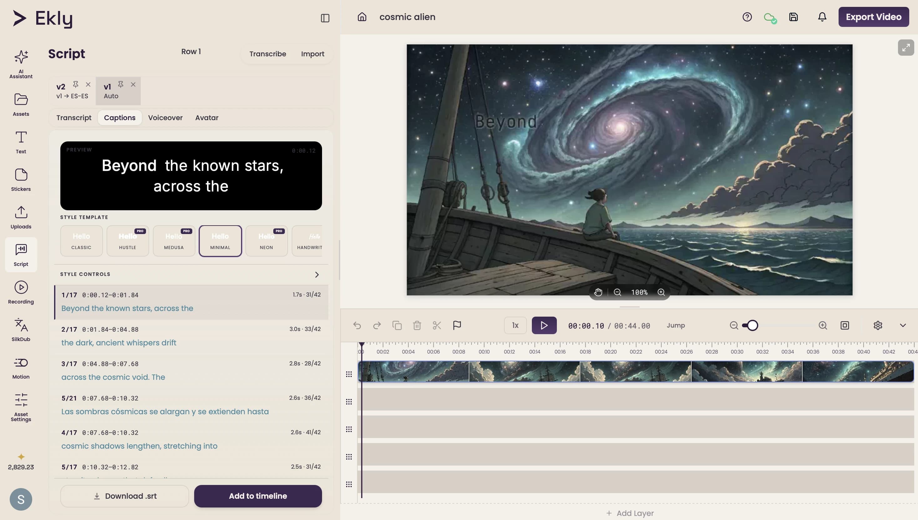 Styled captions in the Ekly editor — presets, fonts, colors, and word-by-word highlight