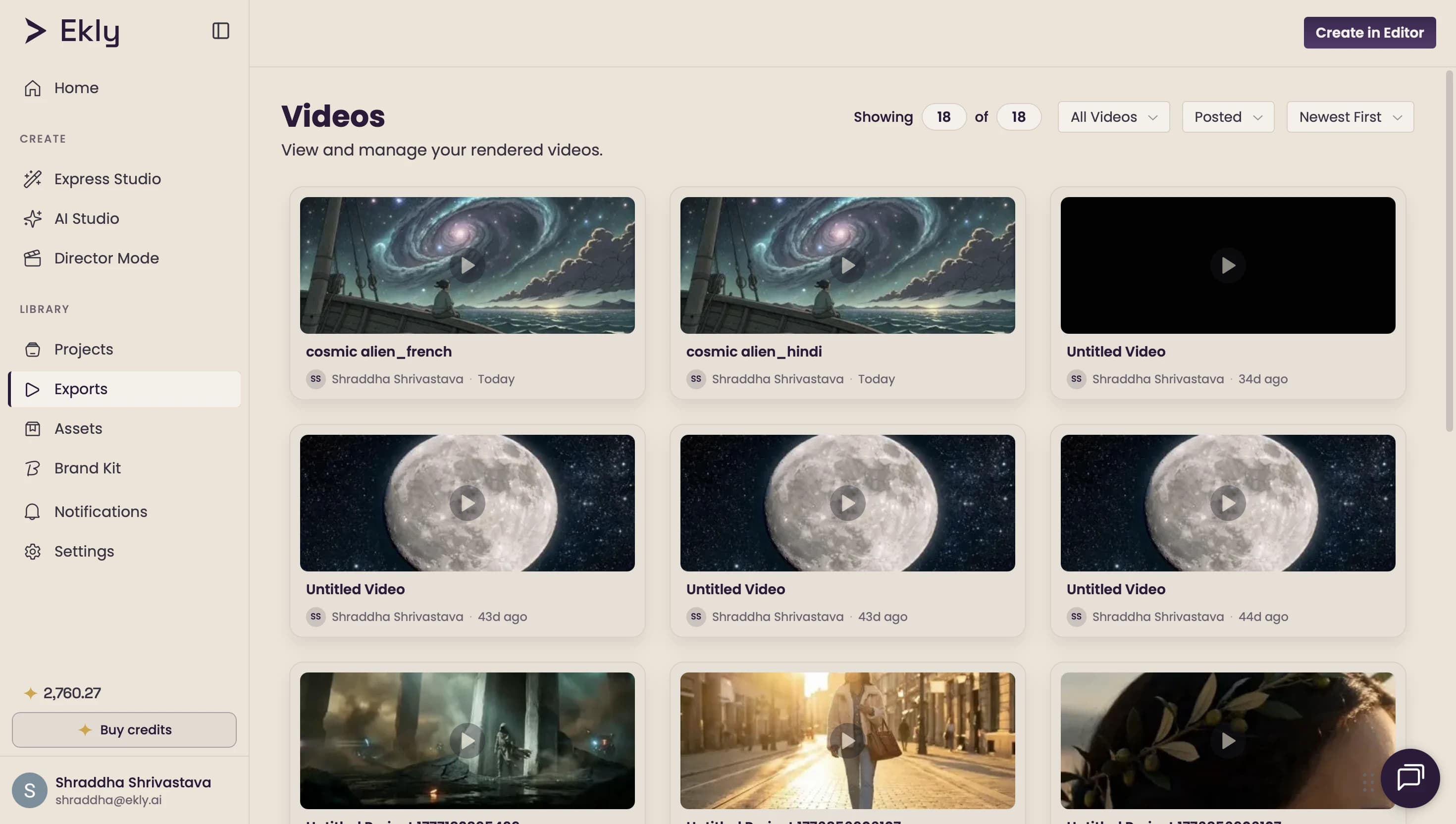 The Ekly Exports library showing two dubbed versions of the same video — French and Hindi — rendered and ready to publish