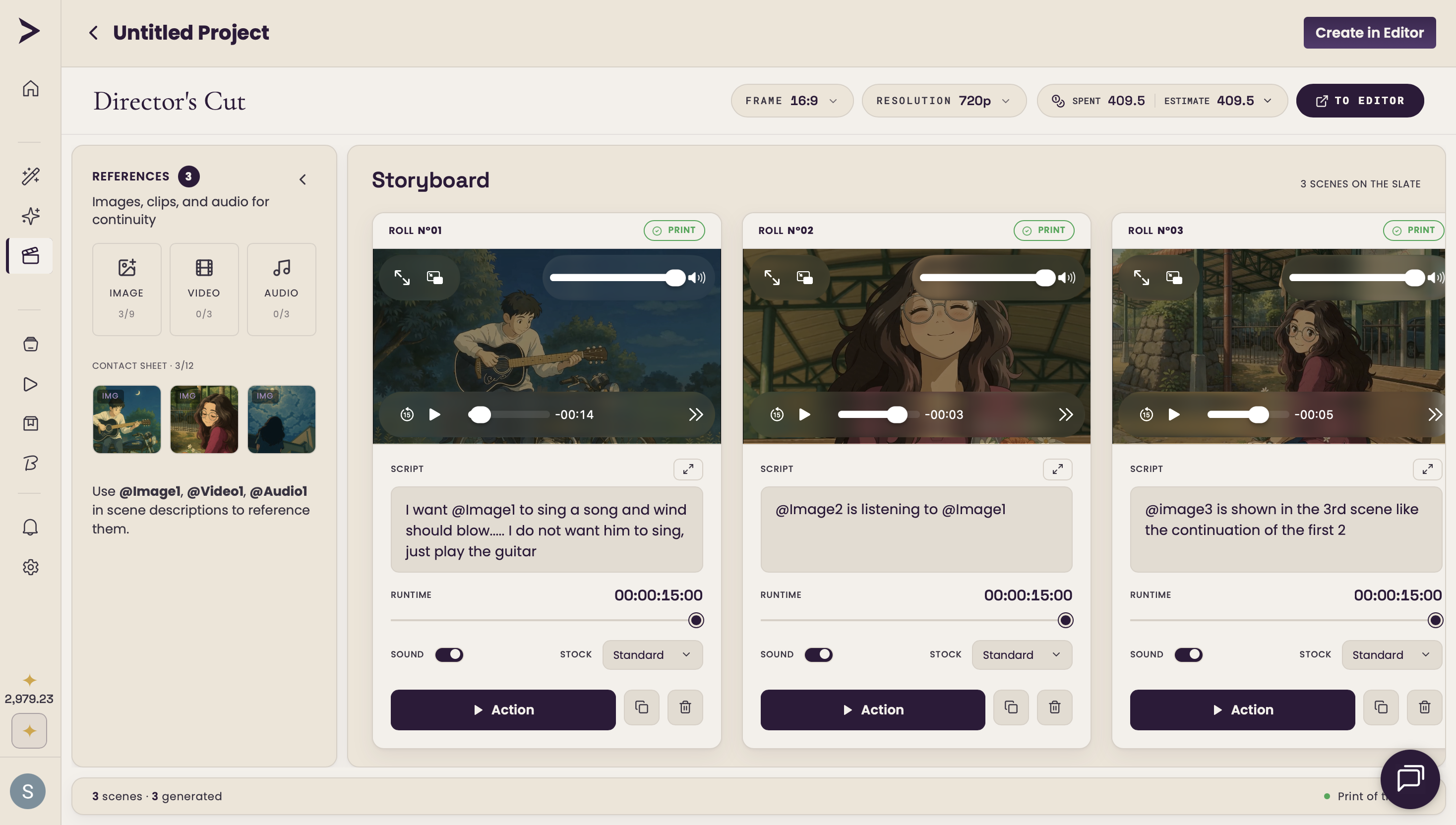 Ekly Director Mode storyboard — scene cards with previews and per-scene generate buttons