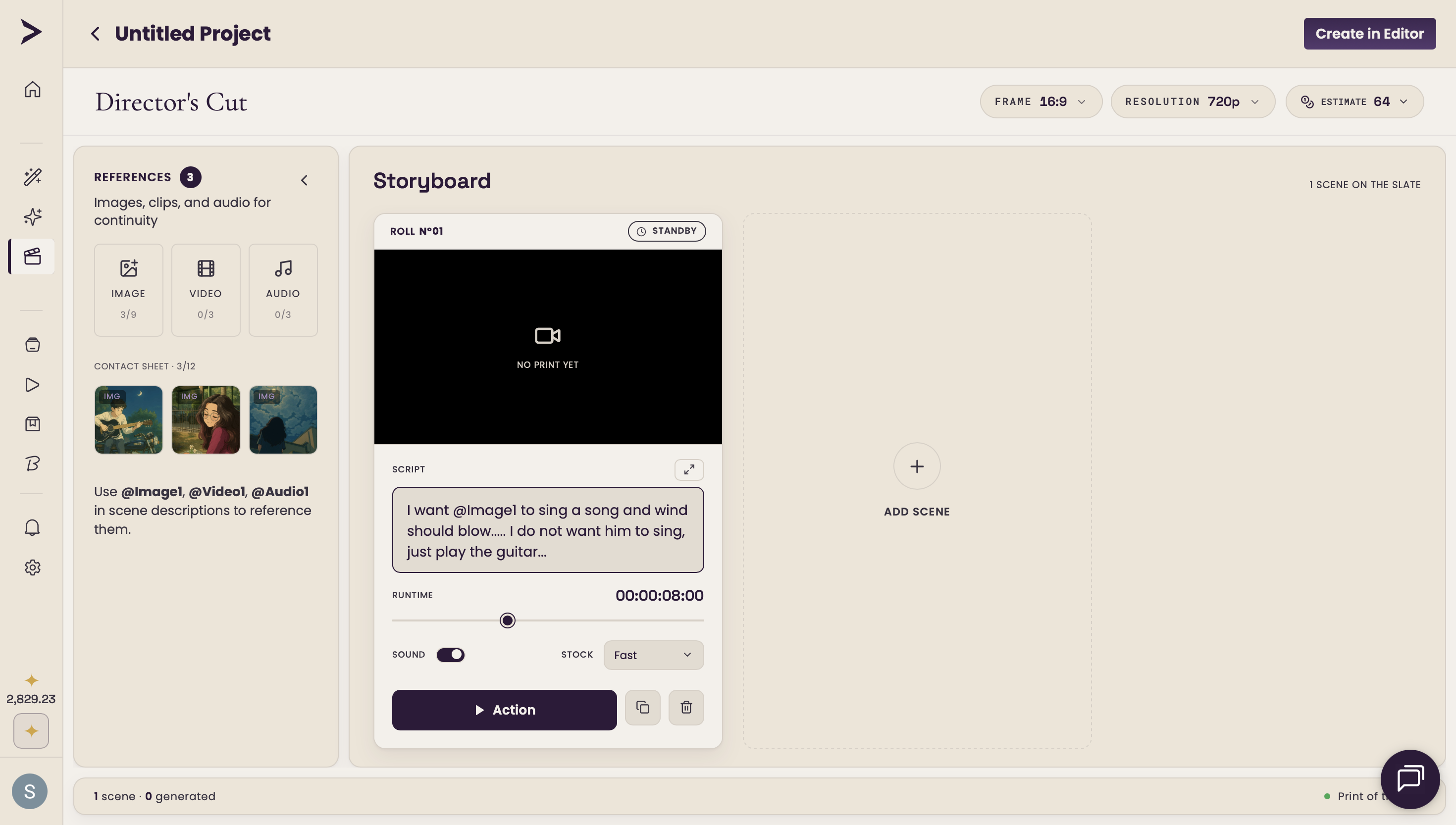 A Director Mode scene card — writing the shot description with @Image, @Video, @Audio references