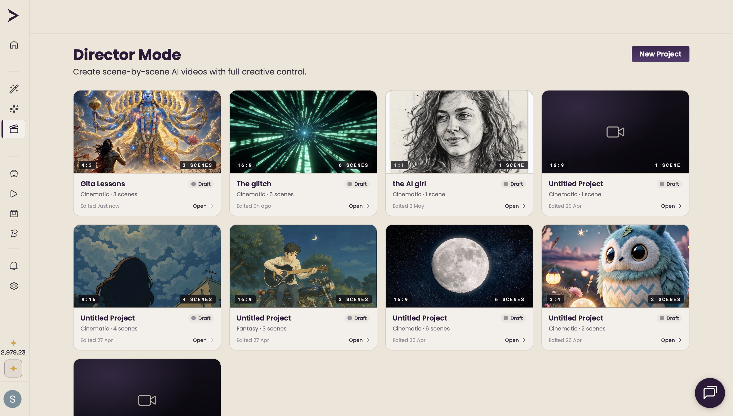 The Director Mode project list — scene-by-scene AI video projects