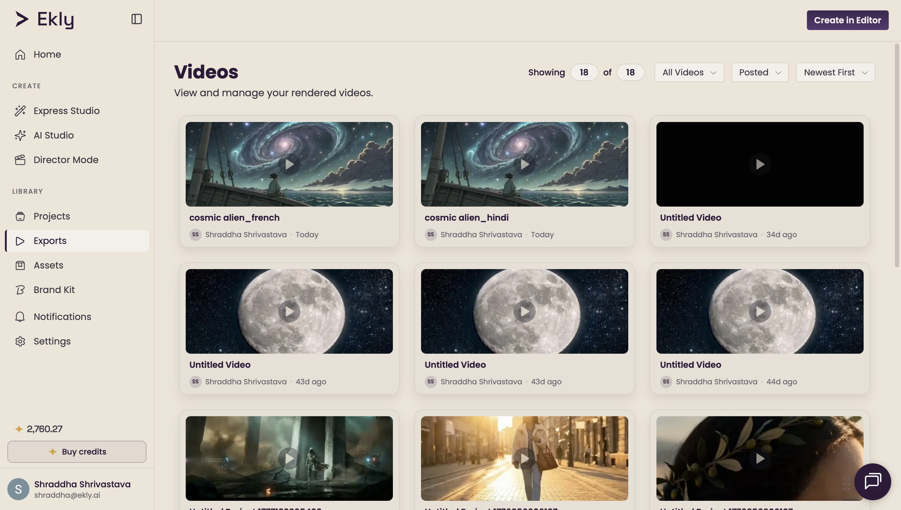 The Ekly Exports library showing two dubbed versions of the same video — French and Hindi — rendered and ready to publish
